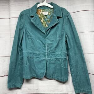 LOFT Teal Corduroy Blazer Jacket Size 8 Floral Lining Puff Shoulder Cottagecore